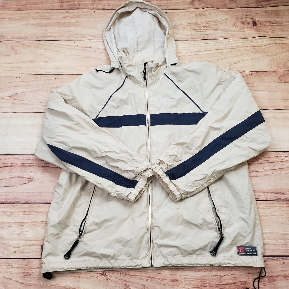 Zero Xposur Jacket Mens Large Beige Blue Hooded Windbreaker Zip Up Coat Adult